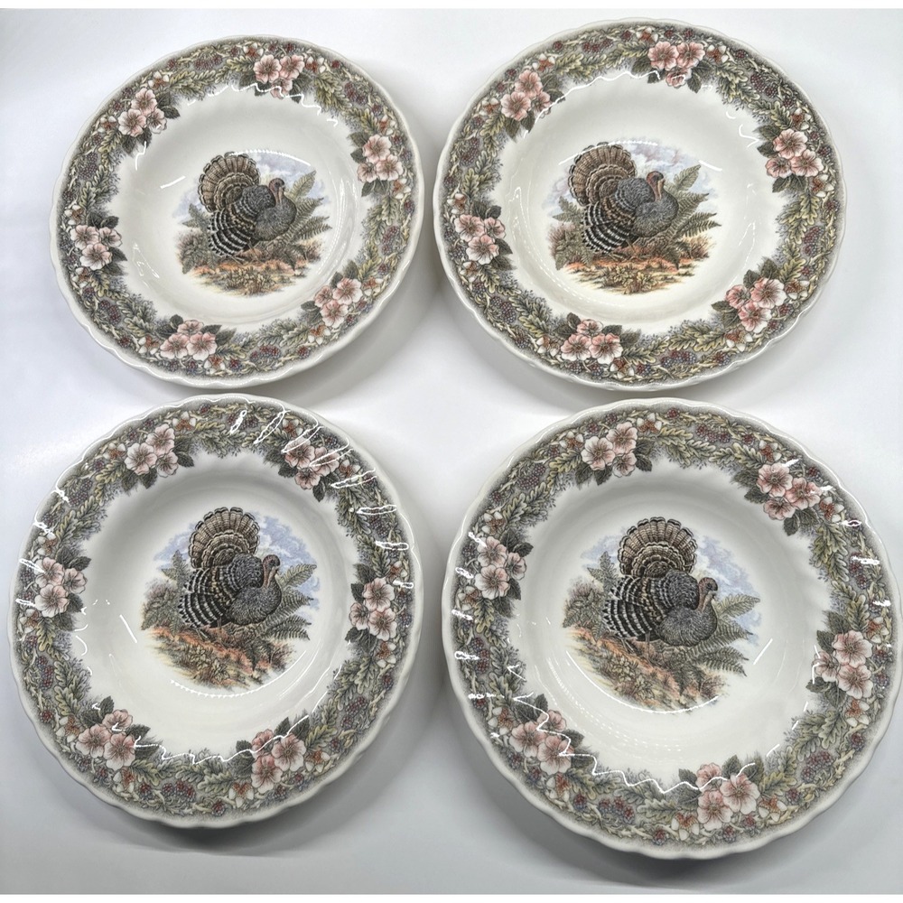 Churchill Queens Myott Factory Thanksgiving Rim Rimme Soup Bowl Turkey Set Lot 4